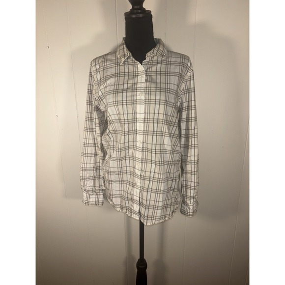 Garnet Hill Tops - garnet‎ hill Neutral Paid Button Up blouse size 12 organic pima cotton